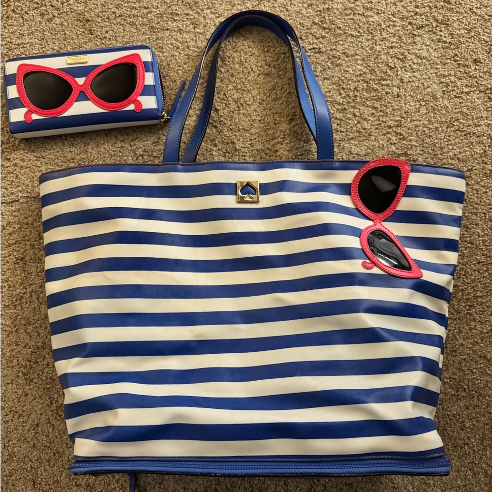 Kate Spade Blue and White Striped Tote and wallet both with Sunglasses Accent